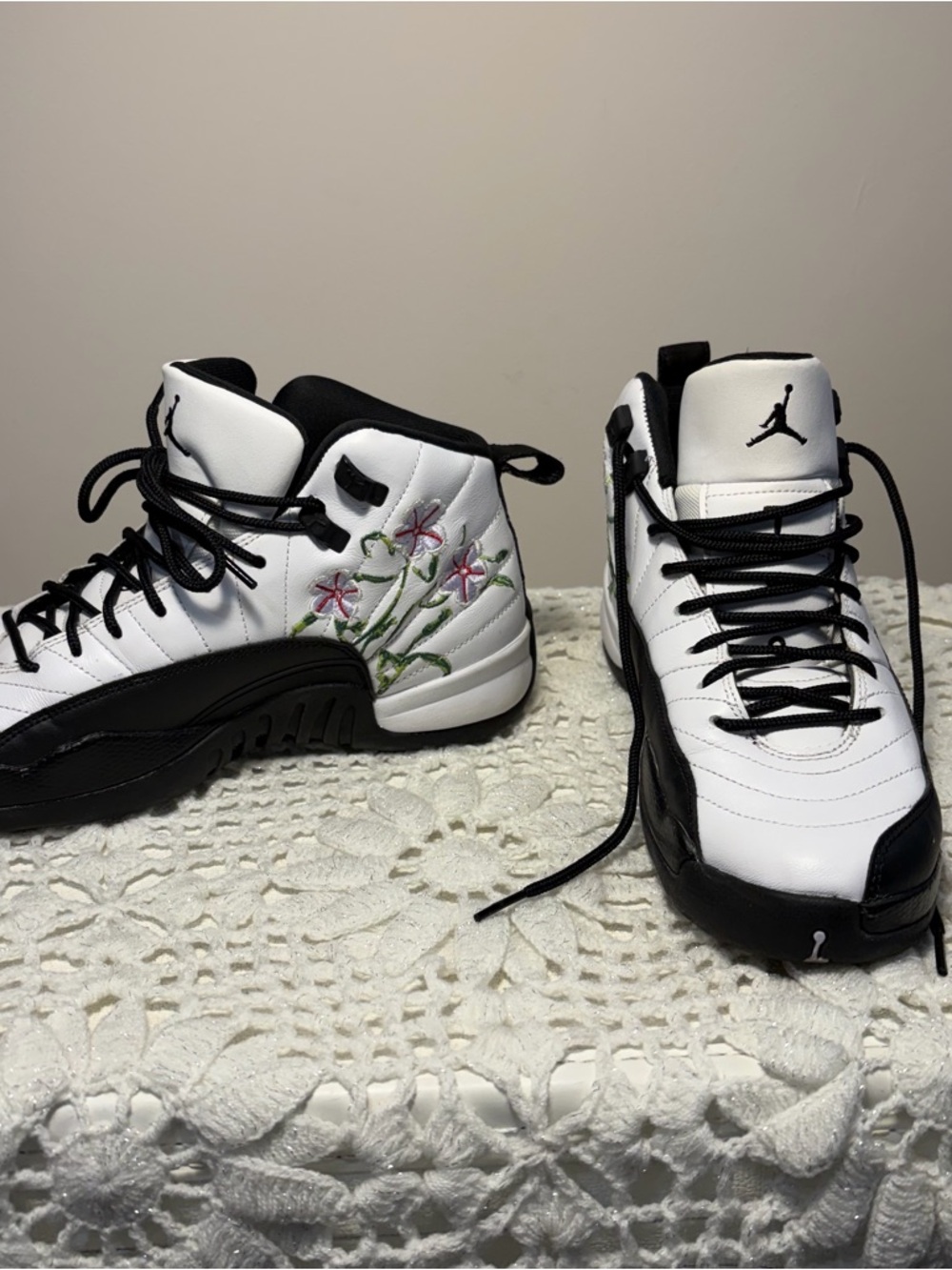 Jordan Kids Sneakers with Pink Floral Embroidery(women’s size 8 will fit)